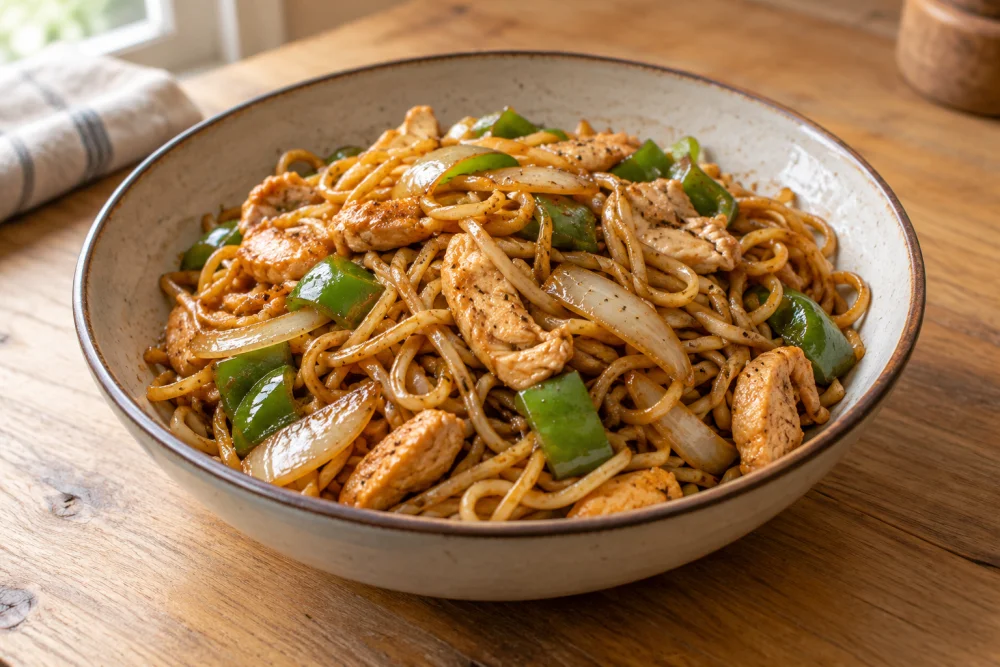 Tallarines fritos con pollo