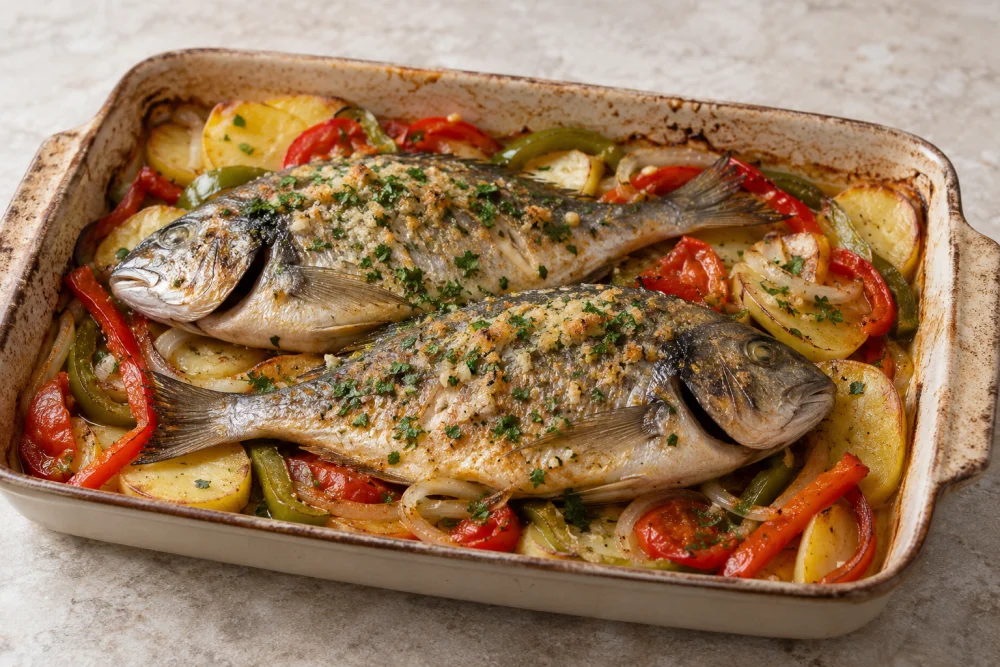Sargo al horno con pimientos