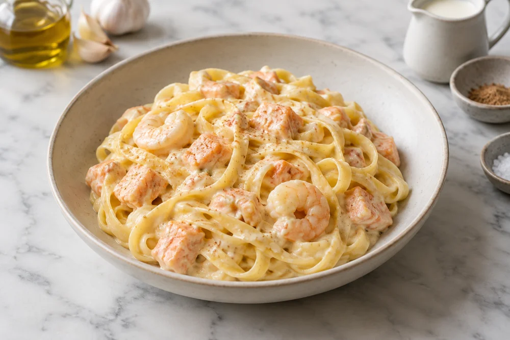 Tallarines con salmon y gambas